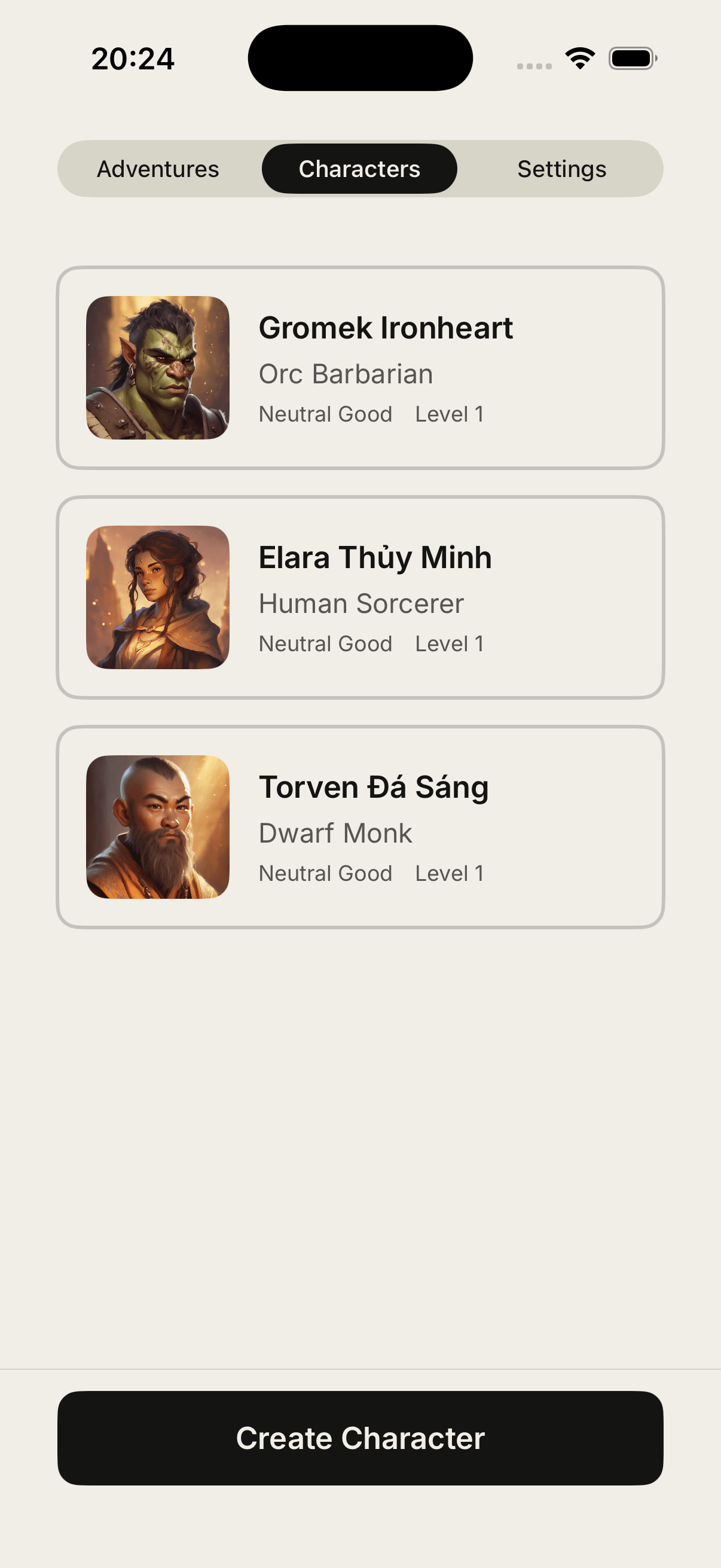 Character creation screen